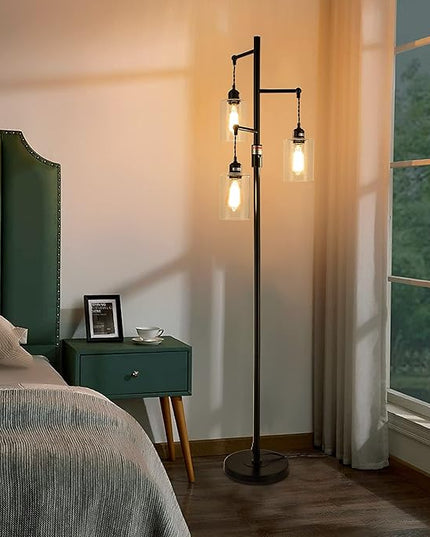 Airposta Industrial Floor Lamp with On/Off Dimmable Switch, 3-Head Rustic Tree Standing Lamp, Edison Bulb 40W Retro Tall Glass Floor Light for Living Room, Reading, Office, Bedroom, Black - LeafyLoom