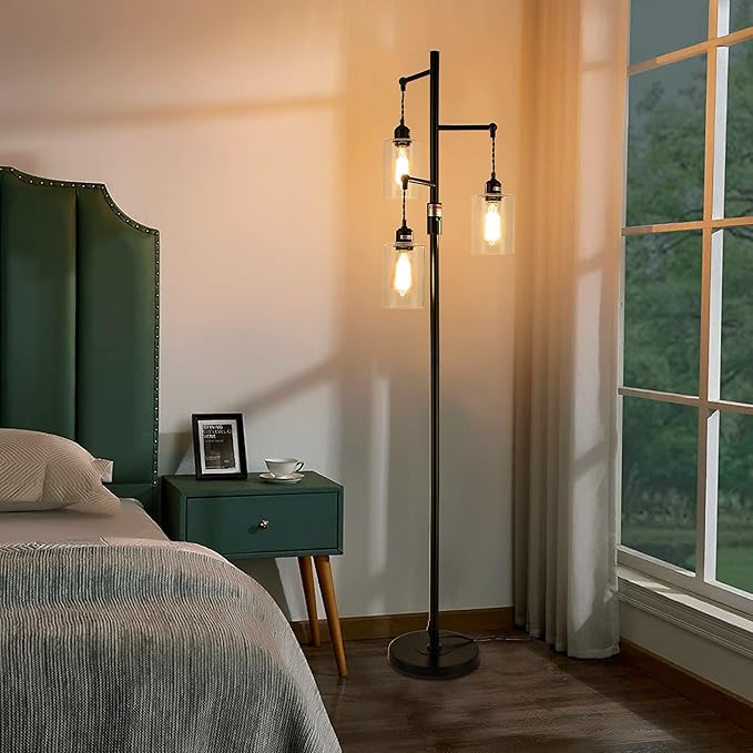 Airposta Industrial Floor Lamp with On/Off Dimmable Switch, 3-Head Rustic Tree Standing Lamp, Edison Bulb 40W Retro Tall Glass Floor Light for Living Room, Reading, Office, Bedroom, Black - LeafyLoom
