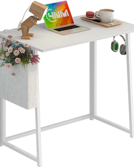 4NM 31.5" Small Desk with Storage Bag, Simple Assembly Folding Computer Desk Home Office Desk Study Writing Table for Small Space Offices - All White - LeafyLoom