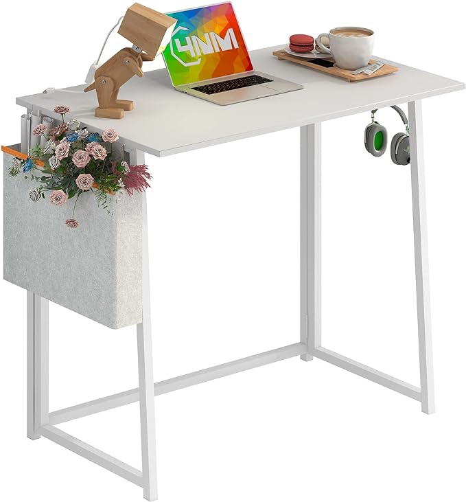 4NM 31.5" Small Desk with Storage Bag, Simple Assembly Folding Computer Desk Home Office Desk Study Writing Table for Small Space Offices - All White - LeafyLoom