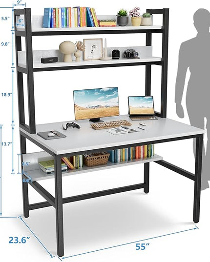 Aquzee Computer Desk, Easy Assembly Gaming Table with Hutch and Shelves, 4 Tiers Desk with Large Wood Desktop, Metal Legs, Ideal for Storage Study Work Writing Homework, White, 55Wx65Hx23.6D Inches - LeafyLoom