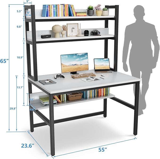 Aquzee Computer Desk, Easy Assembly Gaming Table with Hutch and Shelves, 4 Tiers Desk with Large Wood Desktop, Metal Legs, Ideal for Storage Study Work Writing Homework, White, 55Wx65Hx23.6D Inches - LeafyLoom