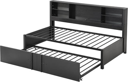 Metal Twin Size Daybed with Twin-Size Trundle, Storage Shelves and USB Ports, BookcaseMetal-Slats Support,No Box Spring Required,for Bedroom/Apartment/Guest-Room,Black - LeafyLoom