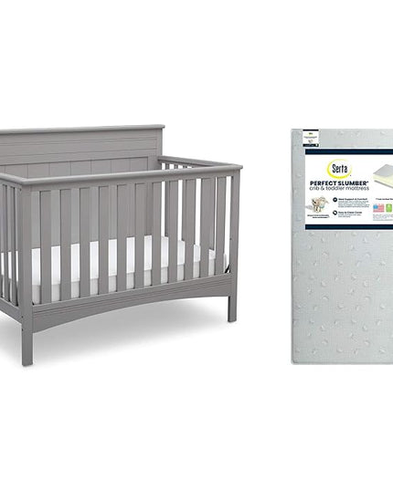 Delta Children Fancy 4-in-1 Crib, Grey + Serta Perfect Slumber Dual Sided Recycled Fiber Core Crib and Toddler Mattress (Bundle) - LeafyLoom