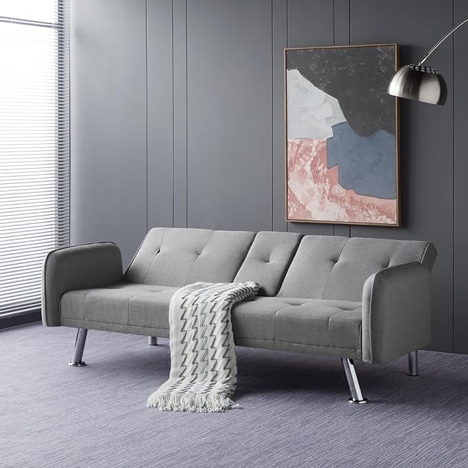 74.8" Modern Living Room Furniture Sets Tufted Loveseat Sofa Convertible Folding Futon Sleeper Couchbed with Cup Holder/Removable Armrests/Adjusting Backrest for Apartment,Home,Light Gray Sofá - LeafyLoom