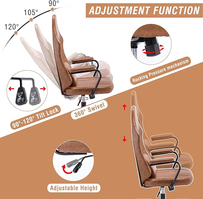Executive Office Chair, Home Office Desk Chair, High Back PU Leather Desk Chair, 360° Swivel Computer Chair, Height Adjustable Tilt Vanity Task Chair for Office, Reading Meeting Room - LeafyLoom