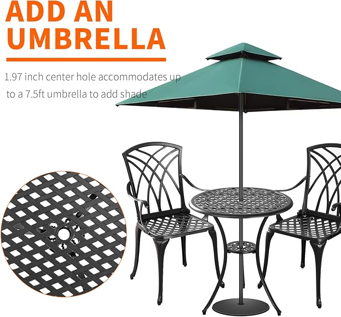 Bistro Set 3 Piece Outdoor,Cast Aluminum Outdoor Bistro Set,All Weather Bistro Table and Chairs Set of 2 with 1.97" Umbrella Hole,Patio Bistro Sets for Garden(Woven Black) - LeafyLoom