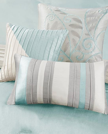 Madison Park Amherst Faux Silk Comforter Set-Casual Contemporary Design All Season Down Alternative Bedding, Matching Shams, Bedskirt, Decorative Pillows, King(104"x92"), Aqua, 7 Piece (MP10-2980) - LeafyLoom