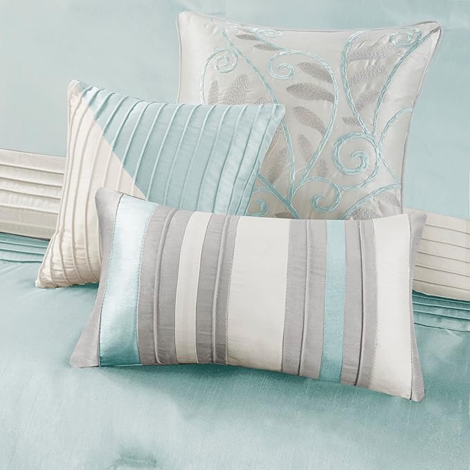 Madison Park Amherst Faux Silk Comforter Set-Casual Contemporary Design All Season Down Alternative Bedding, Matching Shams, Bedskirt, Decorative Pillows, King(104"x92"), Aqua, 7 Piece (MP10-2980) - LeafyLoom