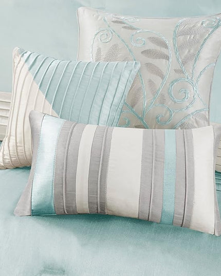 Madison Park Amherst Faux Silk Comforter Set-Casual Contemporary Design All Season Down Alternative Bedding, Matching Shams, Bedskirt, Decorative Pillows, Queen(90"x90"), Aqua, 7 Piece, MP10-2979 - LeafyLoom
