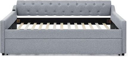 Full Size Upholstery modern linen Daybed, Trundle sofaBed,Armrest with USB charging end pull out Button Tufted Armrest side with pocket,for Bedroom Living Room - LeafyLoom