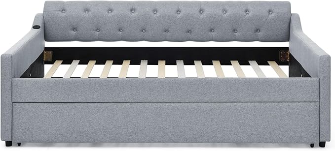 Full Size Upholstery modern linen Daybed, Trundle sofaBed,Armrest with USB charging end pull out Button Tufted Armrest side with pocket,for Bedroom Living Room - LeafyLoom