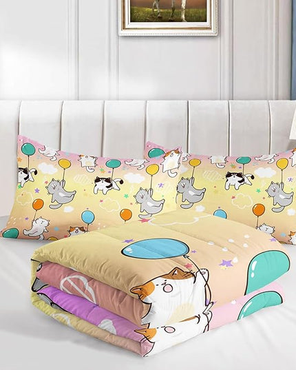 Datura home Kids Comforter Set Cute Cats Printed Pattern Bedding Set with 1 Comforter and 2 Pillowcases for Girls Boys Bedroom All Season(Cat1 Full) - LeafyLoom