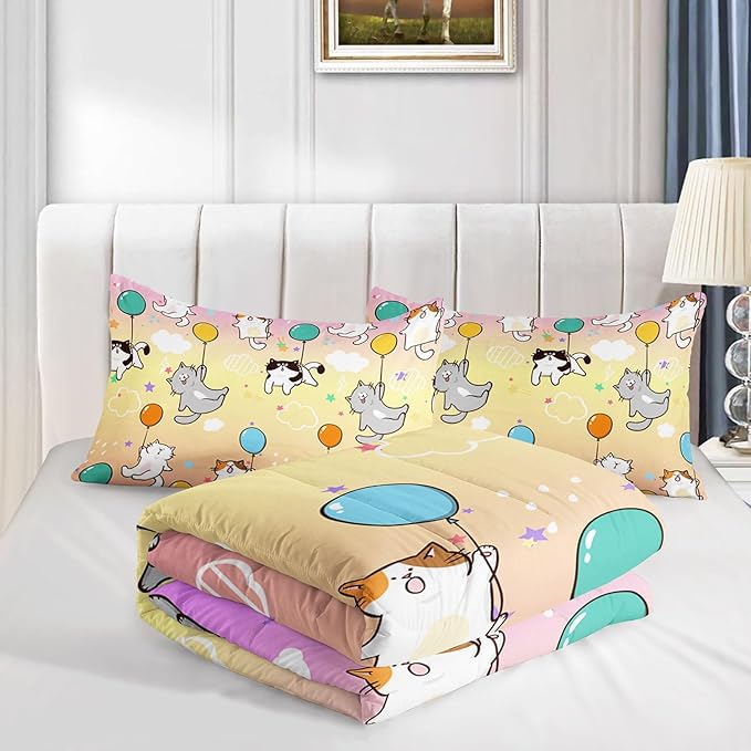 Datura home Kids Comforter Set Cute Cats Printed Pattern Bedding Set with 1 Comforter and 2 Pillowcases for Girls Boys Bedroom All Season(Cat1 Full) - LeafyLoom