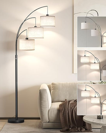 SUNMORY 3 Lights Floor Lamp for Living Room, 78" Tall Standing Lamp with Hanging Drum Shade, Modern Arc Floor Lamps with Heavy Base, Mid Century Arched Tree Floor Lamp for Bedroom, Office, Corner - LeafyLoom