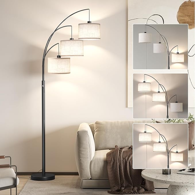 SUNMORY 3 Lights Floor Lamp for Living Room, 78" Tall Standing Lamp with Hanging Drum Shade, Modern Arc Floor Lamps with Heavy Base, Mid Century Arched Tree Floor Lamp for Bedroom, Office, Corner - LeafyLoom