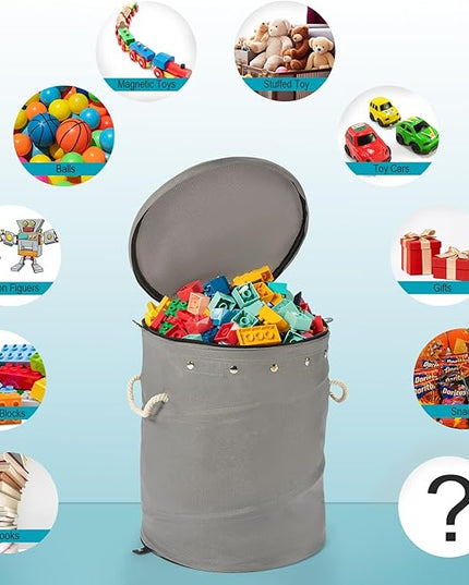 Toy Storage Basket and Play Mat for Kids - Foldable Toy Storage Organizer Bins with Lids - Kids Toy Box Chest for Building Blocks, Boys, Girls, Nursery, Playroom, 12.6''x12.6''x15.5''(Grey) - LeafyLoom