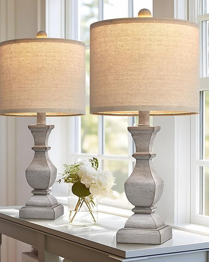 PoKat 20.5'' Table Lamps Set of 2, Vintage Bedside Lamps for Bedroom, Farmhouse Lamp for Living Room, Small Lamp for Nightstand, Retro Side Table Lamp, Grey - LeafyLoom