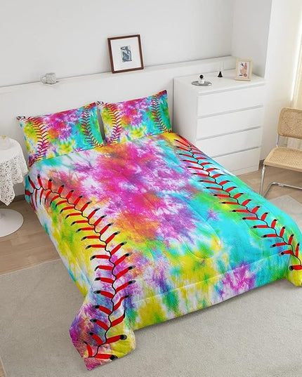 Feelyou Kids Baseball Comforter Boys Girls Softball Sports Game Comforter Set Girly Colorful Tie Dye Bedding Set Teens Men Baseball Gaming Quilt Set Rainbow Room Decor King Size for All Season 3Pcs - LeafyLoom
