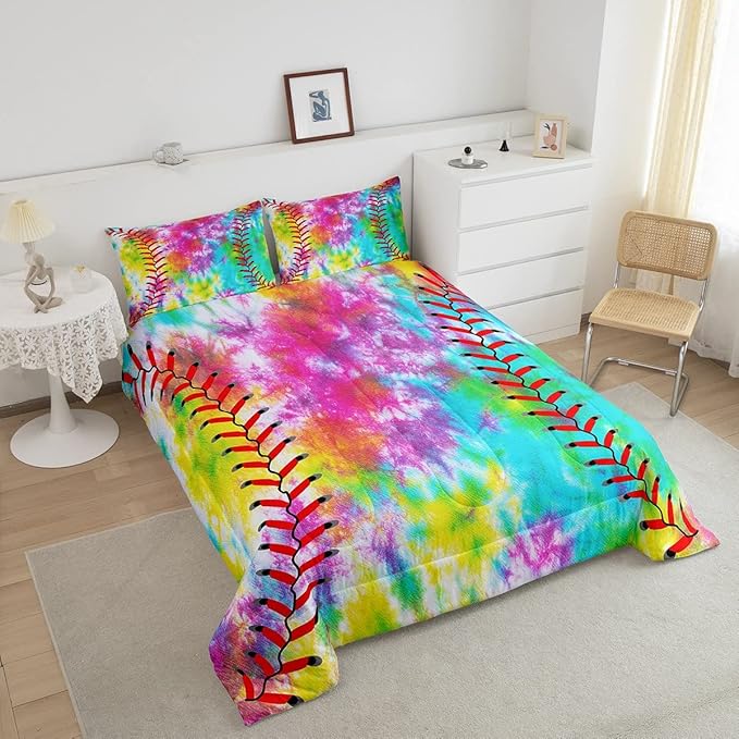 Feelyou Kids Baseball Comforter Boys Girls Softball Sports Game Comforter Set Girly Colorful Tie Dye Bedding Set Teens Men Baseball Gaming Quilt Set Rainbow Room Decor King Size for All Season 3Pcs - LeafyLoom