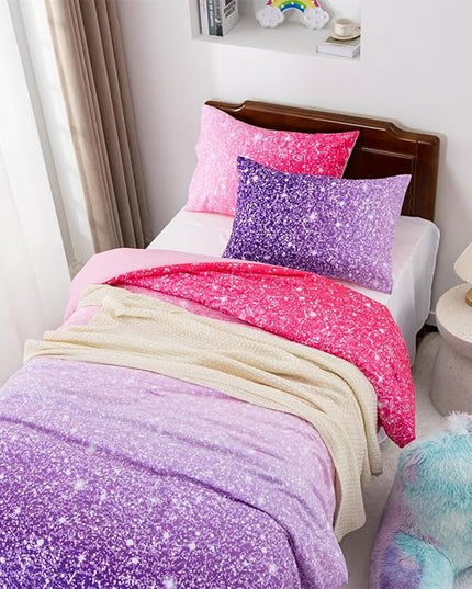 Holawakaka Kids Space Star Glitter Comforter Set Ombre Pink Purple Print Ombre Bedding Set Twin/Twin XL Size Girls Gradient Galaxy Dorm Bed Sets (Pink Purple,Twin) - LeafyLoom
