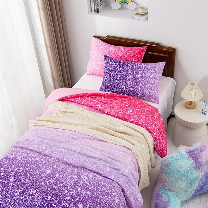 Holawakaka Kids Space Star Glitter Comforter Set Ombre Pink Purple Print Ombre Bedding Set Twin/Twin XL Size Girls Gradient Galaxy Dorm Bed Sets (Pink Purple,Twin) - LeafyLoom