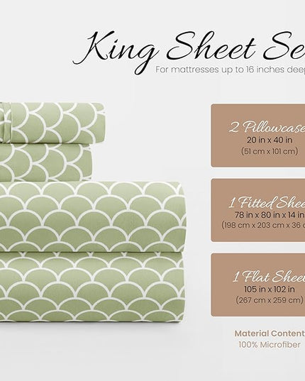 Linen Market 4 Piece King Bedding Sheet Set (Sage Scallops) - Sleep Better Than Ever with These Ultra-Soft & Cooling Bed Sheets for Your King Size Bed - Deep Pocket Fits 16" Mattress - LeafyLoom