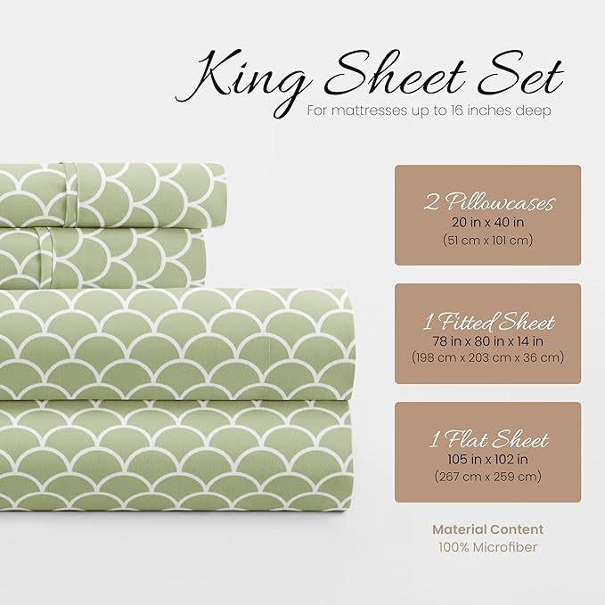 Linen Market 4 Piece King Bedding Sheet Set (Sage Scallops) - Sleep Better Than Ever with These Ultra-Soft & Cooling Bed Sheets for Your King Size Bed - Deep Pocket Fits 16" Mattress - LeafyLoom