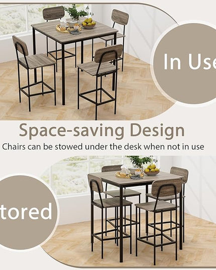 GOFLAME 5-Piece Dining Table Set for Small Space, Kitchen Table and Chairs Set for 4 with Steel Frame, Square Breakfast Table Set, Industrial Counter Height Table Set for Home Restaurant, Grey Oak - LeafyLoom