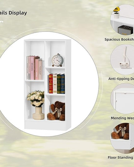 YAHARBO 5 Cube White Bookshelf,Small Modern Horizontal Bookcase,Wood Floor Standing Low Bookshelves Display Storage Cabinet with Base, Short Book Shelf Open Organizer for Bedroom,Living Room,Office - LeafyLoom