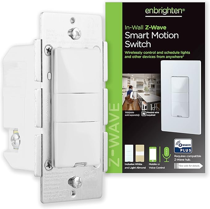 Enbrighten Z-Wave Smart Motion Sensor Light Indoor, On/Off, Vacancy/Occupancy Sensor, Includes White & Almond, Zwave Hub Required, Works with SmartThings, Wink, & Alexa, Smart Light Switch, 26931 Enbrighten