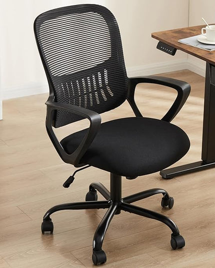 SMUG Office Computer Desk Ergonomic Mid-Back Mesh Rolling Work Swivel Task Chairs with Wheels, Comfortable Lumbar Support, Comfy Arms for Home, Bedroom, Study, Dorm, Student, Adults, Black - LeafyLoom