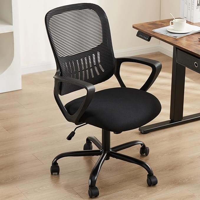 SMUG Office Computer Desk Ergonomic Mid-Back Mesh Rolling Work Swivel Task Chairs with Wheels, Comfortable Lumbar Support, Comfy Arms for Home, Bedroom, Study, Dorm, Student, Adults, Black - LeafyLoom