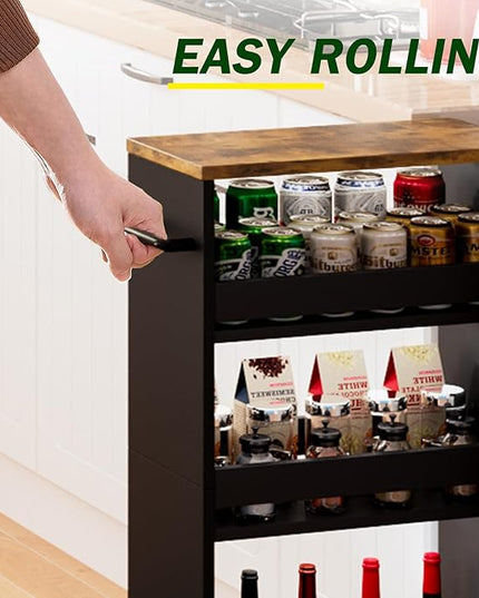 TEAMIX 4 Tier Slim Storage Cart with Handle, Slide Out Storage Rolling Utility Cart Mobile Shelving Unit Organizer Trolley for Small Spaces Kitchen Laundry Narrow Places (Black+Brown, 7-7/8'' W) - LeafyLoom