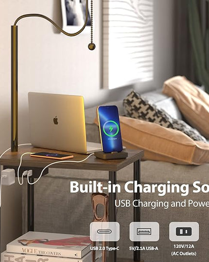 Floor Lamp End Table with Charging Station, Retro Bedside Table with Lamp for Living Room, Small Side Table Nightstand for Bedroom, Floor Lamp with USB Ports Type-C(Bulb Included) - LeafyLoom