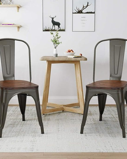 YOUNIKE Metal Dining Chairs Set of 4 Iron Stackable Removable Back Wood Seat Patio Chairs Rubber Feet Stylish Modern Indoor Outdoor Classic Chic Industrial Vintage Bistro Kitchen Rusty Grey - LeafyLoom