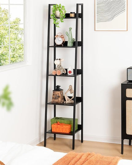 Yoobure Ladder Shelf, 5 Tier Tall Ladder Bookshelf Corner Shelf, Industrial Book Shelf Ladder Bookcase Narrow, Standing Storage Shelves Display Shelf for Bedroom Living Room Office Kitchen Bathroom - LeafyLoom