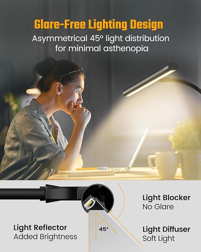 SUPERDANNY Desk Lamp for Home Office, Eye-Caring Desk Light with Adjustable Gooseneck, 12W Touch Control Dimmable Brightness, Architect Clamp Lamp for Computer Monitor - LeafyLoom