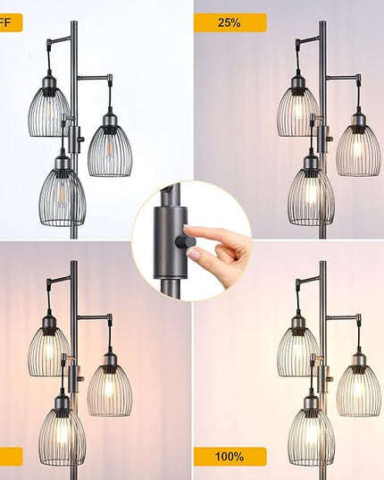 Nintiue Dimmable Floor Lamp, 3 x 800LM LED Edison Bulbs Included, Industrial Floor Lamp Standing Tree Lamp with Elegant Teardrop Cage Heads Tall Lamps for Living Room Bedroom-Grey - LeafyLoom