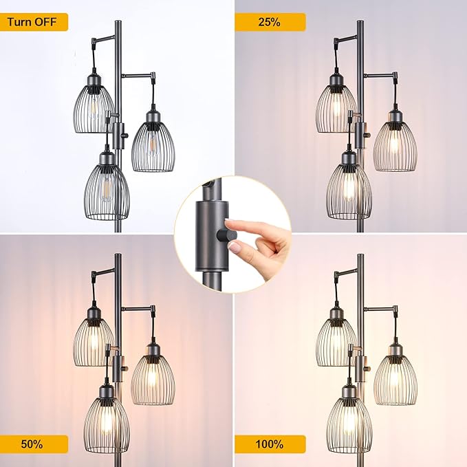 Nintiue Dimmable Floor Lamp, 3 x 800LM LED Edison Bulbs Included, Industrial Floor Lamp Standing Tree Lamp with Elegant Teardrop Cage Heads Tall Lamps for Living Room Bedroom-Grey - LeafyLoom
