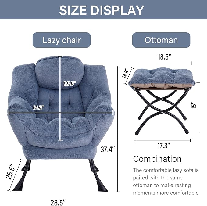LITA Lazy Chair with Ottoman, Modern Accent Leisure Upholstered Sofa Chair, Lounge Reading Chair with Armrests and a Side Pocket for Living Room, Bedroom & Small Space, Plush Light Blue - LeafyLoom