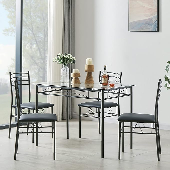 VECELO Dining Table with 4 Chairs [4 Placemats Included, Black, 43.3x27.5x30, 15.7x16.9x33.8 - LeafyLoom
