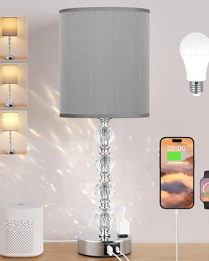 Acaxin Touch Bedside Crystal Lamps for Bedrooms Nightstand with USB C+A Charging Port and AC Outlet White, 3 Way Dimmable Silver Large End Side Table Lamp for Living/Dinning Room/Kitchen/Bedroom - LeafyLoom