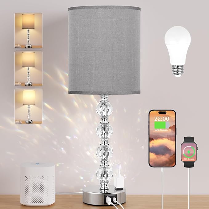 Acaxin Touch Bedside Crystal Lamps for Bedrooms Nightstand with USB C+A Charging Port and AC Outlet White, 3 Way Dimmable Silver Large End Side Table Lamp for Living/Dinning Room/Kitchen/Bedroom - LeafyLoom