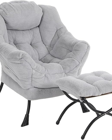 Lazy Chair with Ottoman, Modern Reading Chair with Folding Footrest, Comfortable Lounge Accent Chair for Bedroom, Study, Living Room, Courtyard (Plush Grey) - LeafyLoom