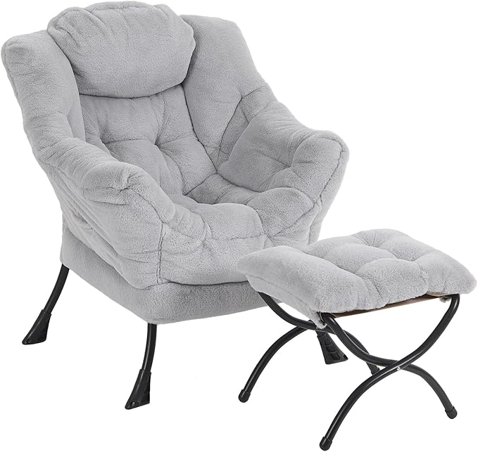 Lazy Chair with Ottoman, Modern Reading Chair with Folding Footrest, Comfortable Lounge Accent Chair for Bedroom, Study, Living Room, Courtyard (Plush Grey) - LeafyLoom