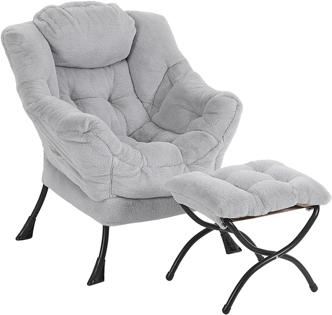 Lazy Chair with Ottoman, Modern Reading Chair with Folding Footrest, Comfortable Lounge Accent Chair for Bedroom, Study, Living Room, Courtyard (Plush Grey) - LeafyLoom