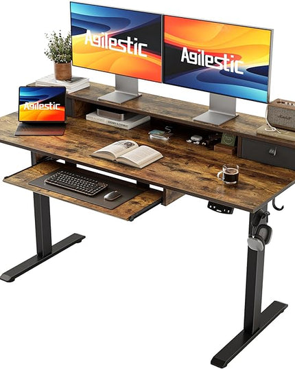 Electric Standing Desk with 2 Drawers and Keyboard Tray, 55 x 24 Inches Ergonomic Adjustable Height Desk with Storage, Sit Stand up Desk Computer Workstation, Rustic Brown - LeafyLoom