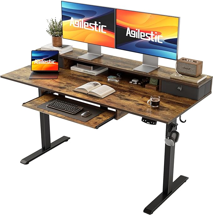 Electric Standing Desk with 2 Drawers and Keyboard Tray, 55 x 24 Inches Ergonomic Adjustable Height Desk with Storage, Sit Stand up Desk Computer Workstation, Rustic Brown - LeafyLoom