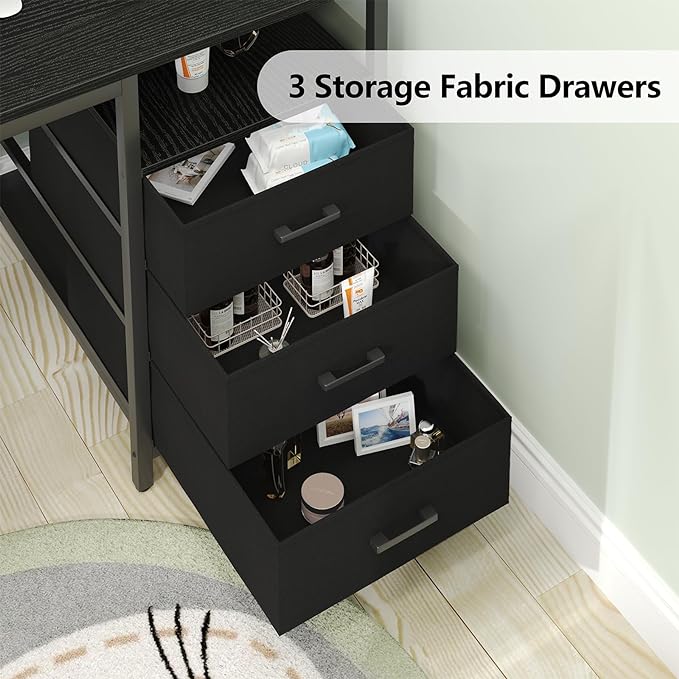 L Shaped Desk with 3 Drawer & 3 Open Shelf, Computer Desk with LED Lights & Power Outlets, Home Office Desk with Reversible Storage Shelves & Monitor Stand, Corner Desk for Small Space - LeafyLoom